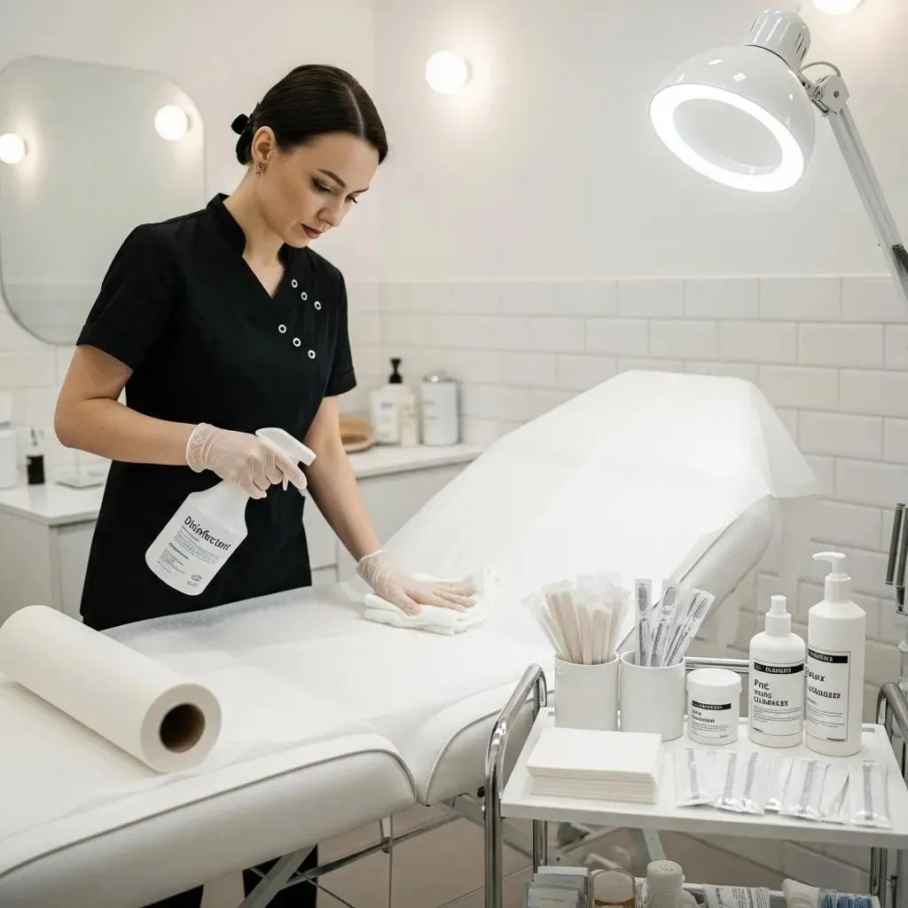 Technician preparing a sanitized waxing station with disposable materials and gloves